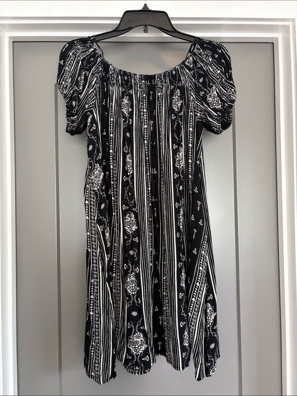 Monki Black & White Boho Off-Shoulder Knee Length Dress / Cover up